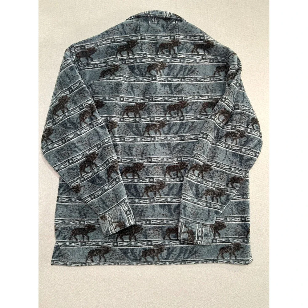Vintage Marino Bay Fleece Jacket Womens L Blue Horse Print Long Sleeve Button